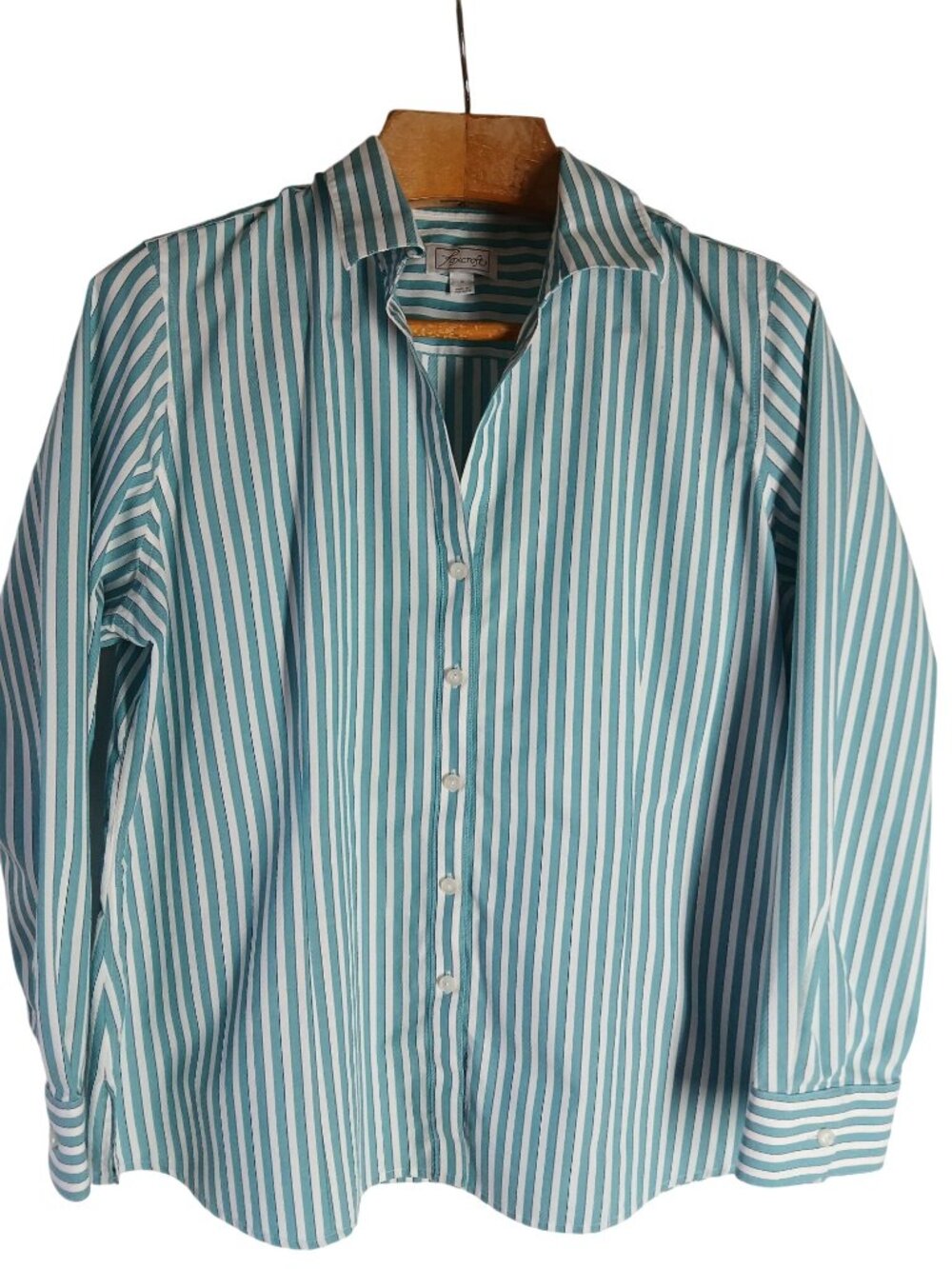 Foxcroft Womens Wrinkle Free Green White Striped Shirt XL V Neck Collar 3/4
